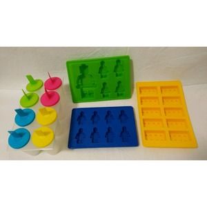 3 Silicone Robots Bricks Ice Candy Molds 1 Plastic Frozen Pops